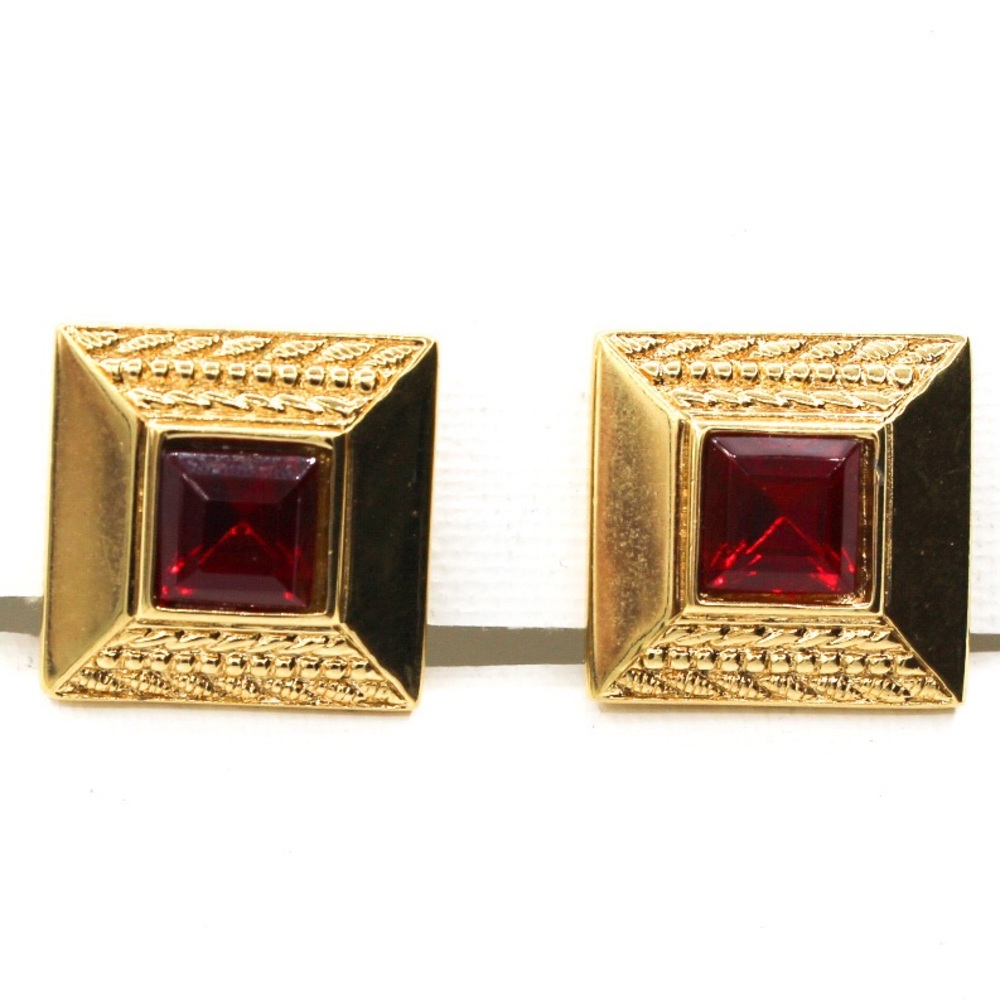 Vintage Monet Jewelry Gold Tone Red Clip Earrings